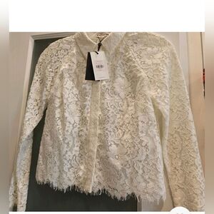 Whistles Bright White Lace Blouse, with Collar,Cropped, Lined, Long Lace Sleeves